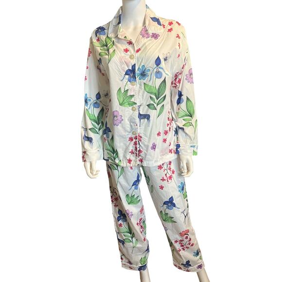 The Cats Pajamas Medium Blue Deer Floral Cotton Cottage Core Lounge - Picture 1 of 5